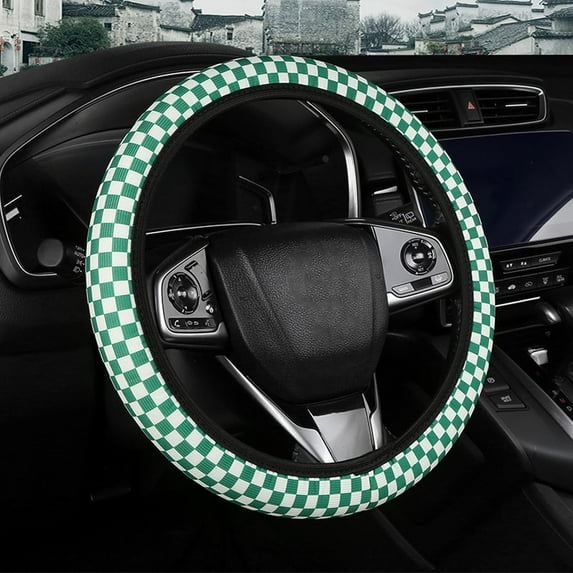 15 Inches Checkered Steering Wheel Cover for Women Men Car Interior Decor Elastic Car Accessories Steering Wheel Cover, Green