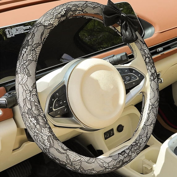 15 Inches Cute Bow Steering Wheel Protective Cover Vintage Lace Car Steering Wheel Cover for Women Car Interior Decor Accessories, Black