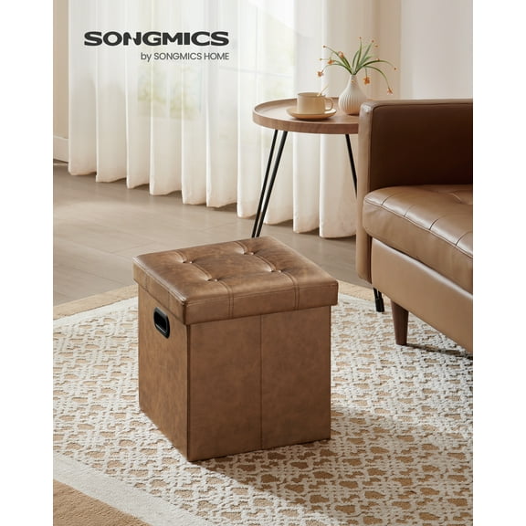 SONGMICS 15-Inch Storage Ottoman Footstool with Metal Handles, Foldable Ottoman Coffee Table with Hidden Storage, 660 lb Load Capacity, Synthetic Leather, Coffee Brown