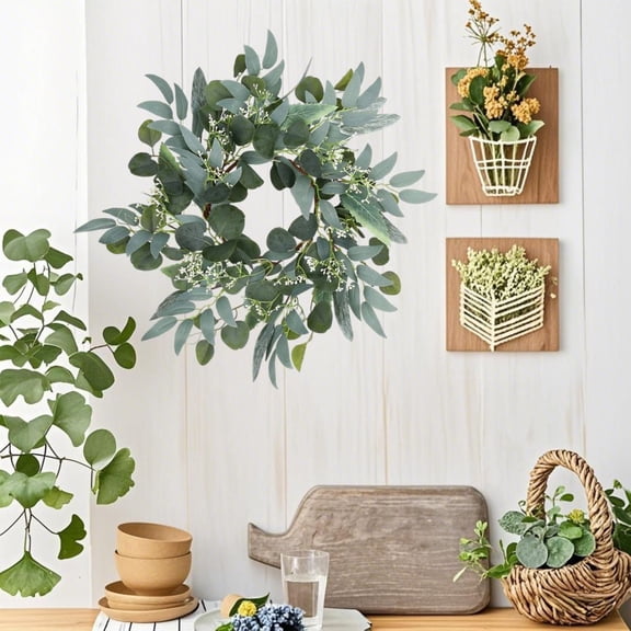 15 Inches Green Wreath - Greenery Summer Wreath for Front Door Wall Window Decoration with White Mini Clusters