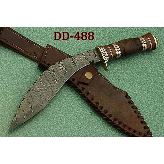 15 Inches Long Hand Forged Damascus Steel Kukri Knife, 10" Long Blade, Custom Made Hand Crafted Scale with Engraved Brass, Includes Cow Hide Leather Sheath (Rose Wood)