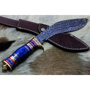 15 Inches Long Hand Forged triple layered Damascus Steel Kukri Knife, 10" Long Blade, Custom Made Hand Crafted Scale with Engraved Brass & 2 tone blue wood, Includes Cow Hide Leather Sheath