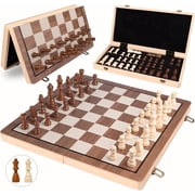 15 Inches Magnetic Wooden Chess Set - 2 Extra Queens - Folding Board - Pieces Storage Slots, Handmade Portable Travel Chess Game