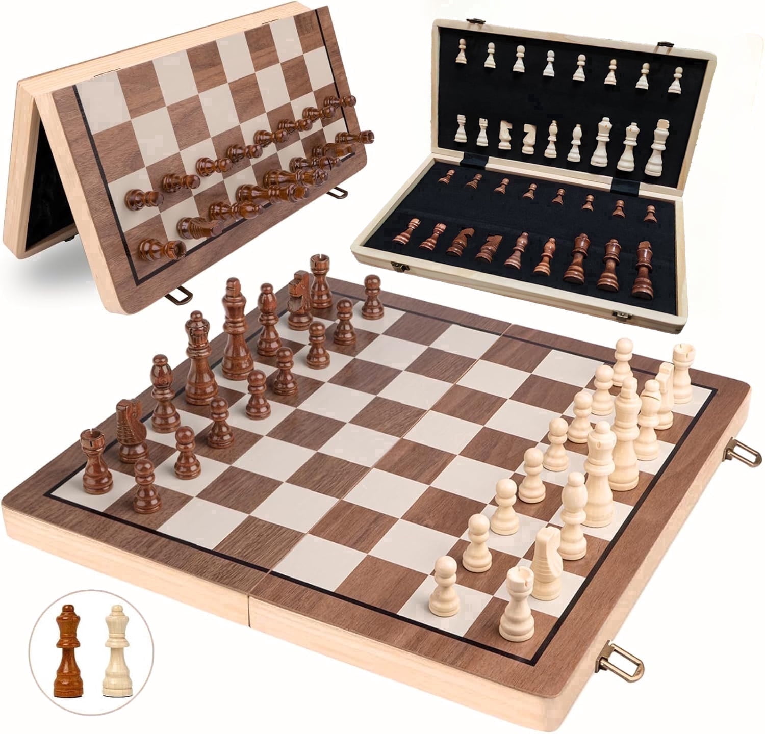 15 Inches Magnetic Wooden Chess Set - 2 Extra Queens - Folding Board ...
