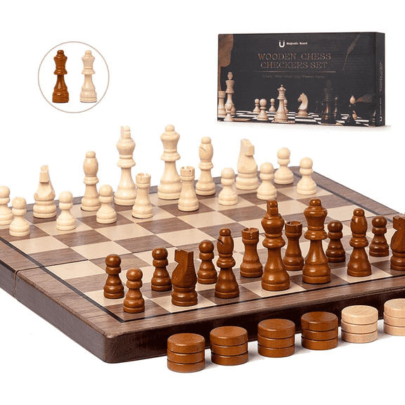 15 Inches Magnetic Wooden Chess Set- 2 Extra Queens - Folding Board - Pieces Storage Slots, Handmade Portable Travel Chess Game(Walnut Color)