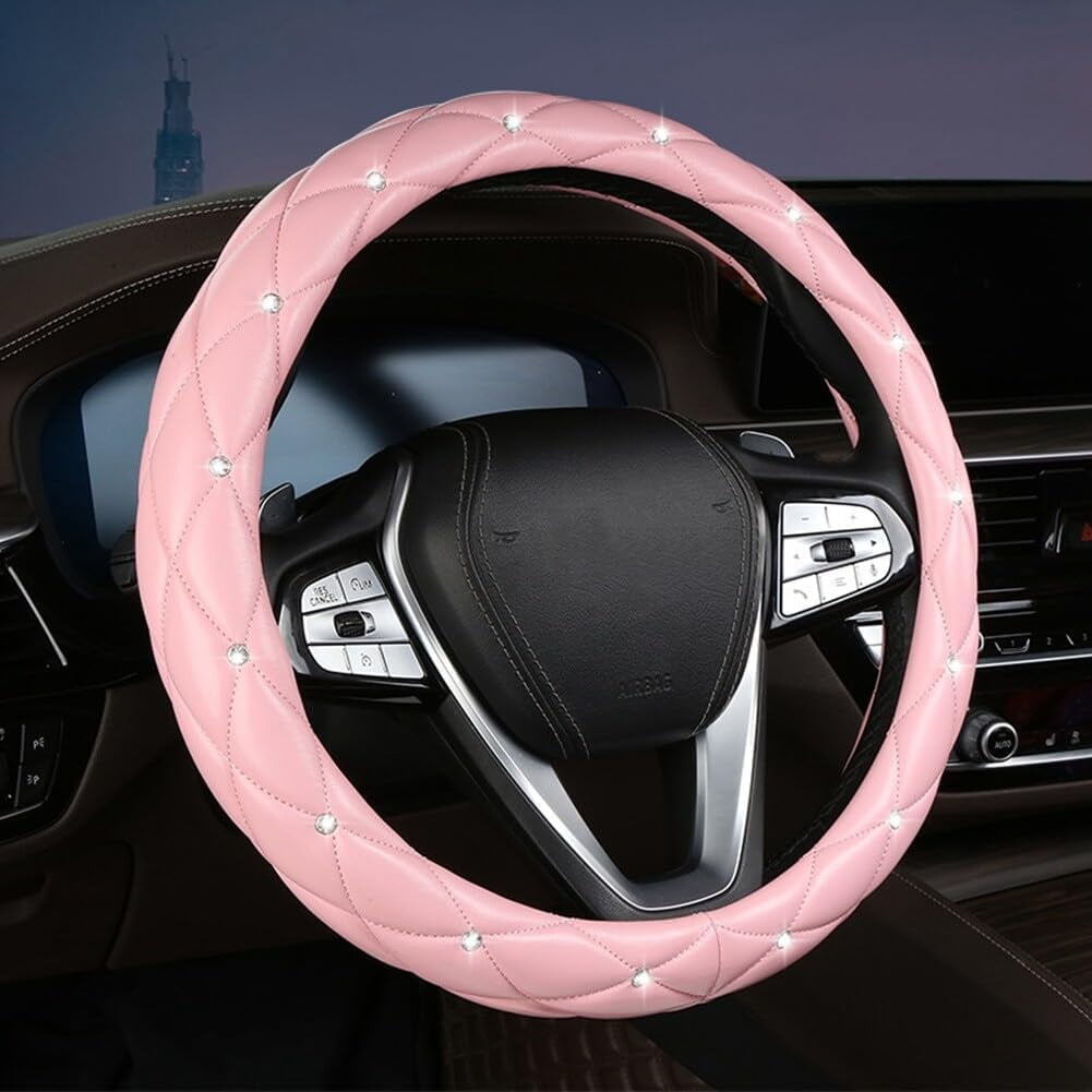 15 Inches Non-Slip Diamond Steering Wheel Cover Bling Bling PU Leather Universal Car Steering Wheel Cover for Women with Diamond Crystal Women Car Interior