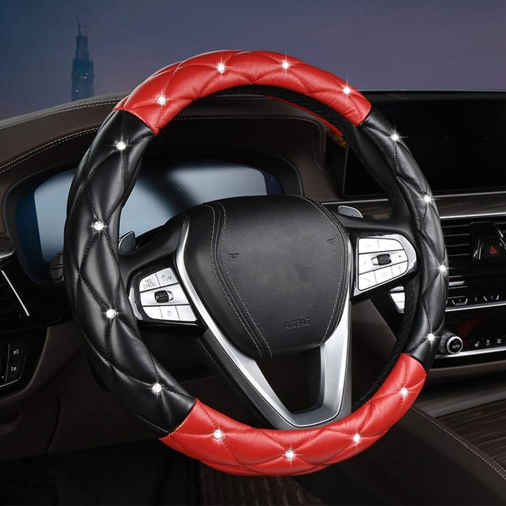 15 Inches Non-Slip Diamond Steering Wheel Cover Bling Bling PU Leather Universal Car Steering Wheel Cover for Women with Diamond Crystal Women Car Interior