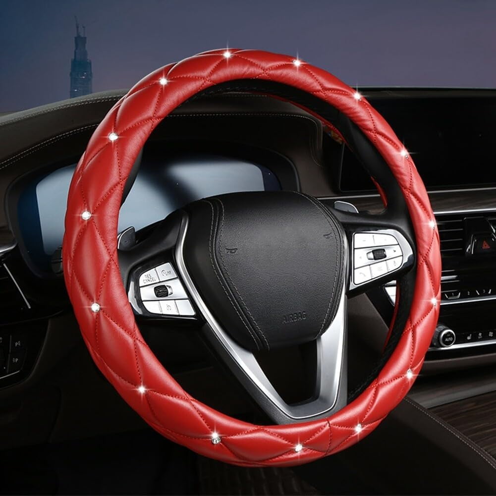 15 Inches Non-Slip Diamond Steering Wheel Cover Bling Bling PU Leather Universal Car Steering Wheel Cover for Women with Diamond Crystal Women Car Interior