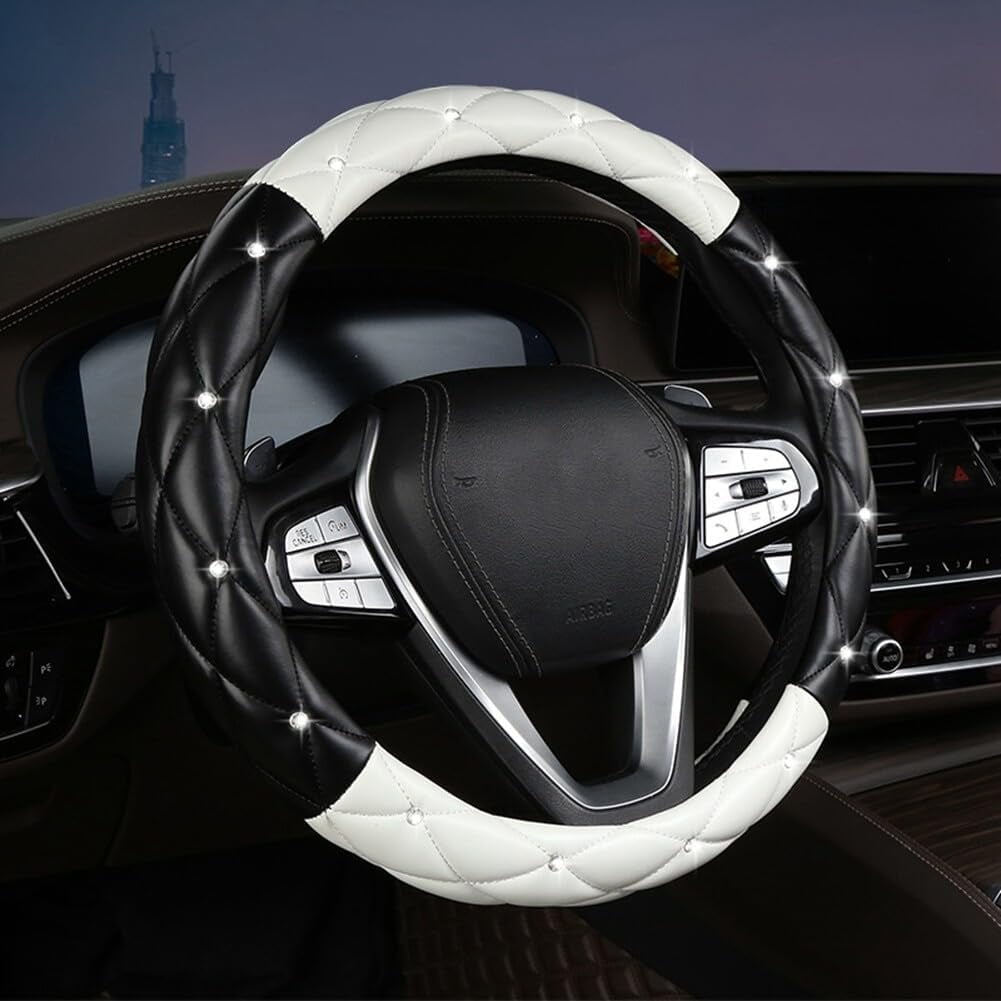 15 Inches Non-Slip Diamond Steering Wheel Cover Bling Bling PU Leather Universal Car Steering Wheel Cover for Women with Diamond Crystal Women Car Interior