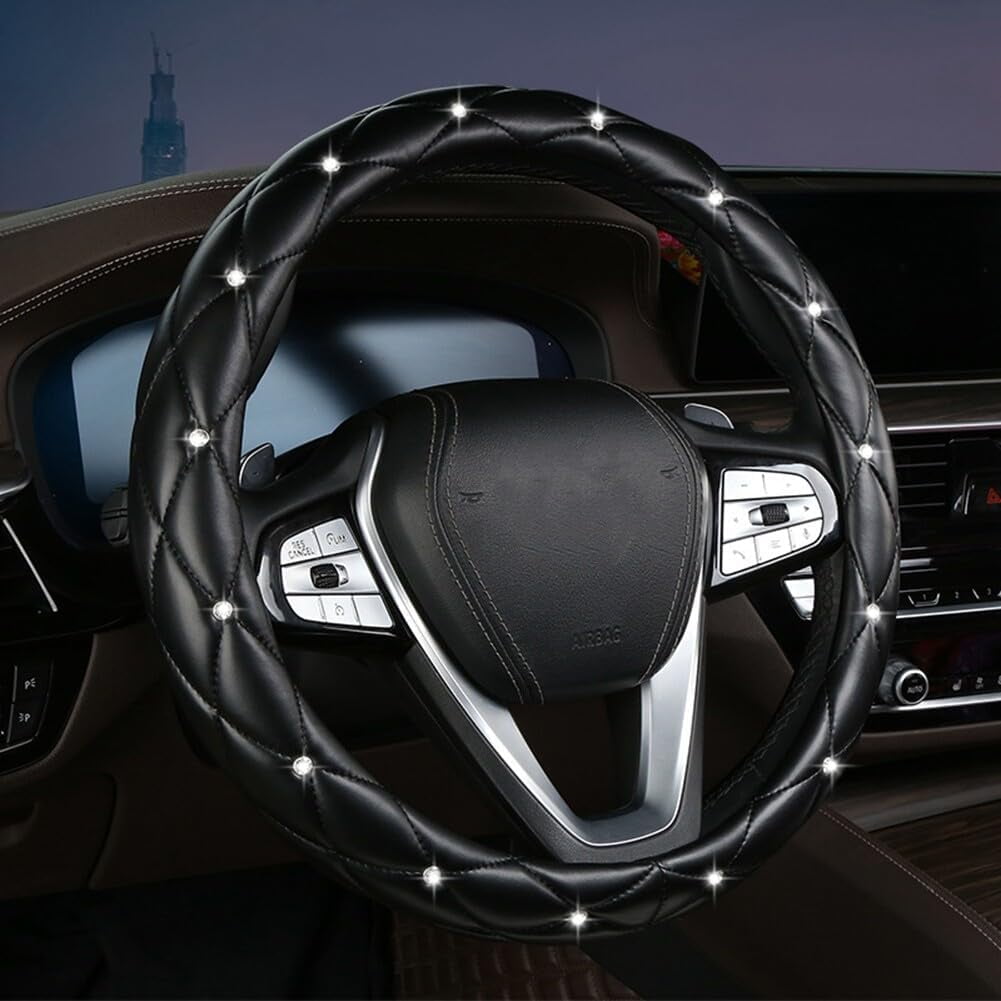 15 Inches Non-Slip Diamond Steering Wheel Cover Bling Bling PU Leather Universal Car Steering Wheel Cover for Women with Diamond Crystal Women Car Interior