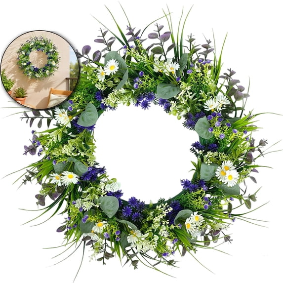 15 Inches Spring Wreath for Front Door Spring Flower Wreath Farmhouse Summer Floral Wreaths Country Summer Door Wreaths with Orchid Hydrangea Sunflower for Window Wall Porch Decoration