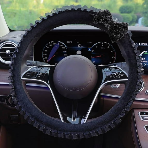 15 Inches Universal Round Car Steering Wheel Cover, Cute Bow Soft Plush Breathable Non-Slip Steering Wheel Protector Wrap for Women, Black