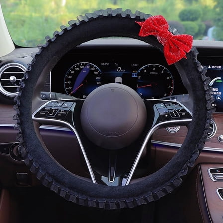 15 Inches Universal Round Car Steering Wheel Cover, Cute Bow Soft Plush Breathable Non-Slip Steering Wheel Protector Wrap for Women, Red