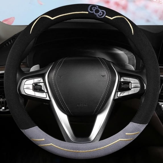 15 Inches Universal Round Car Steering Wheel Cover, Cute Cat Soft Breathable Non-Slip Steering Wheel Protector Wrap for Women, Grey