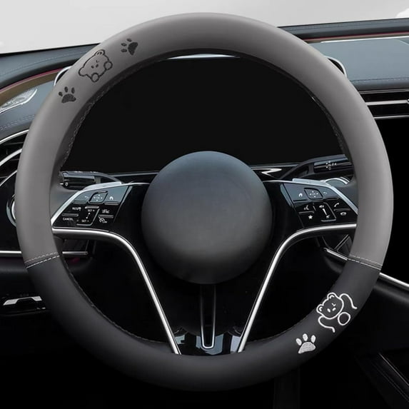 15 Inches Universal Round Leather Car Steering Wheel Cover, Cute Bear Soft Breathable Non-Slip Steering Wheel Protector Wrap