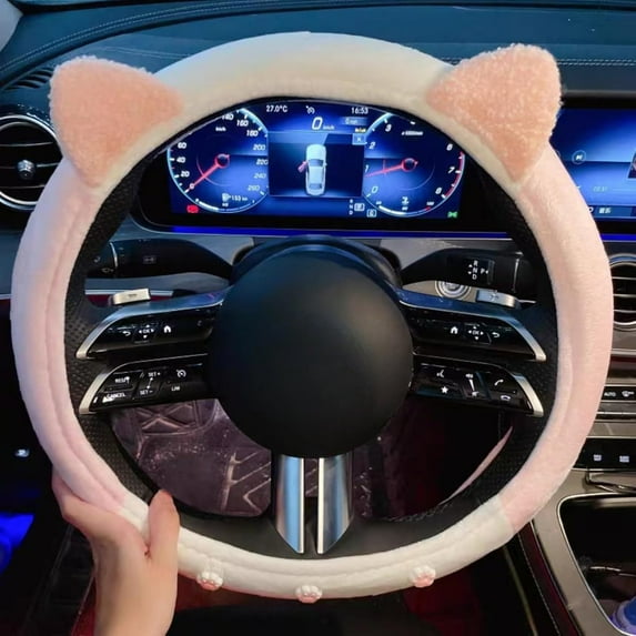 15 Inches Universal Round Leather Car Steering Wheel Cover, Cute Cat Soft Breathable Non-Slip Steering Wheel Protector Wrap for Women