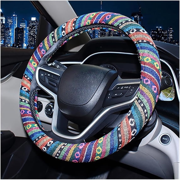 15 Inches Vehicle Steering Wheel Cover Ethnic Style Coarse Flax Cloth Universal Anti-Slip Sweat Absorbing Steering Wheel Cover for Most Cars