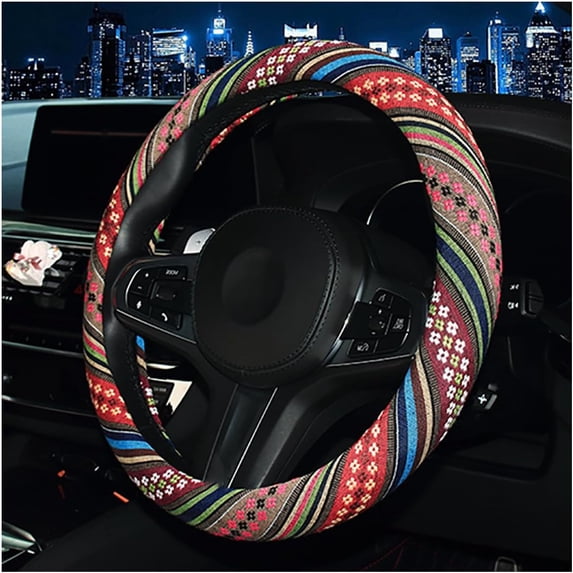 15 Inches Vehicle Steering Wheel Cover Ethnic Style Coarse Flax Cloth Universal Anti-Slip Sweat Absorbing Steering Wheel Cover for Most Cars