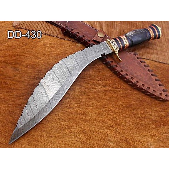15 Inches long Damascus Steel Kukri Knife, custom made Hand Forged Damascus steel With 10" long blade, Black Bull horn crafted with engraved brass scale, Cow Leather Sheath