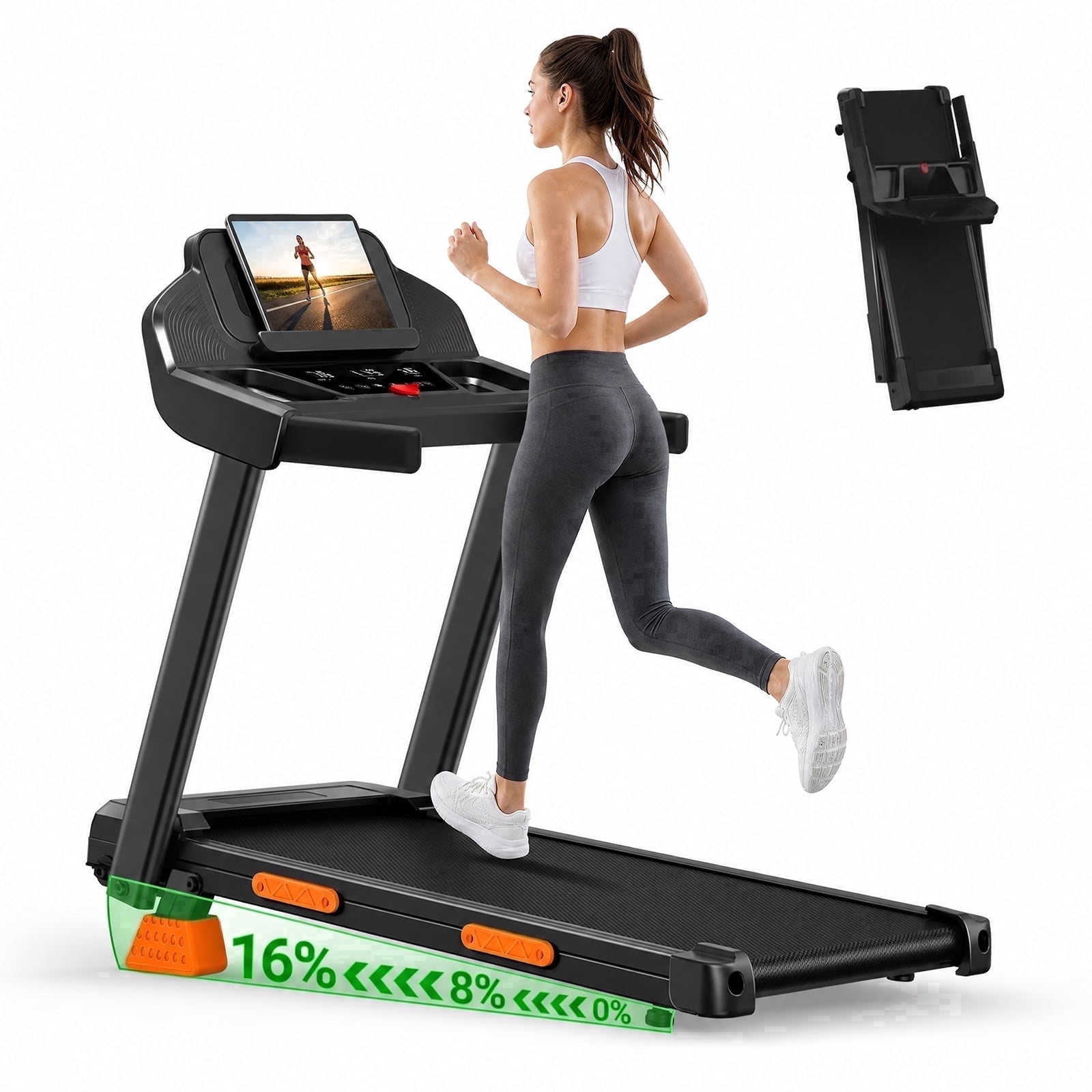 15% Incline Folding Treadmill for Home, 3.0HP Motor, 400LB Capacity, Portable Walking Pad with Handrails & 3 LED Displays