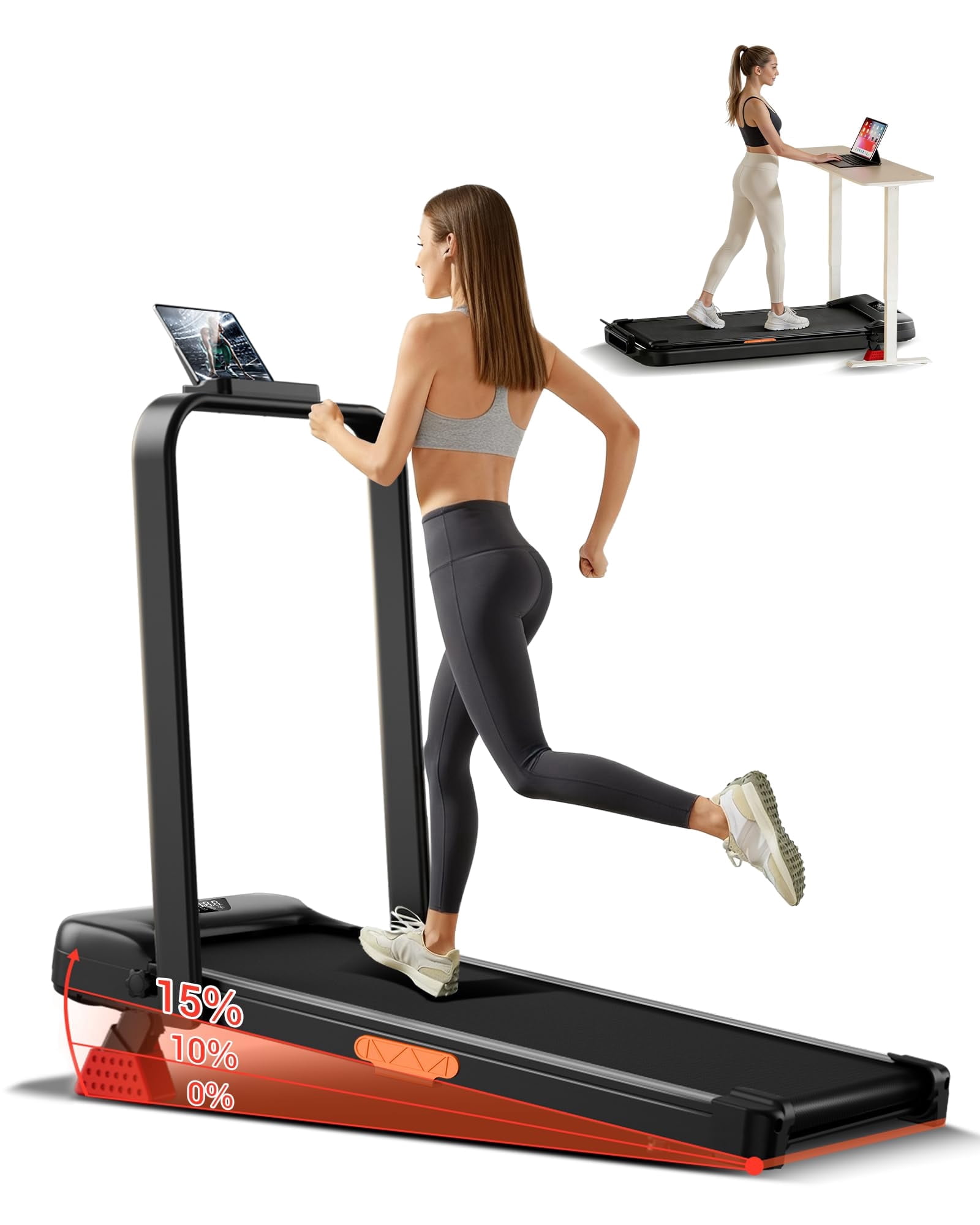 15% Incline Walking Pad Treadmill with Handle Bar - 2.5HP Quiet Folding Treadmill for Home Office Under Desk Portable Walking Pad with 300LBS Capacity