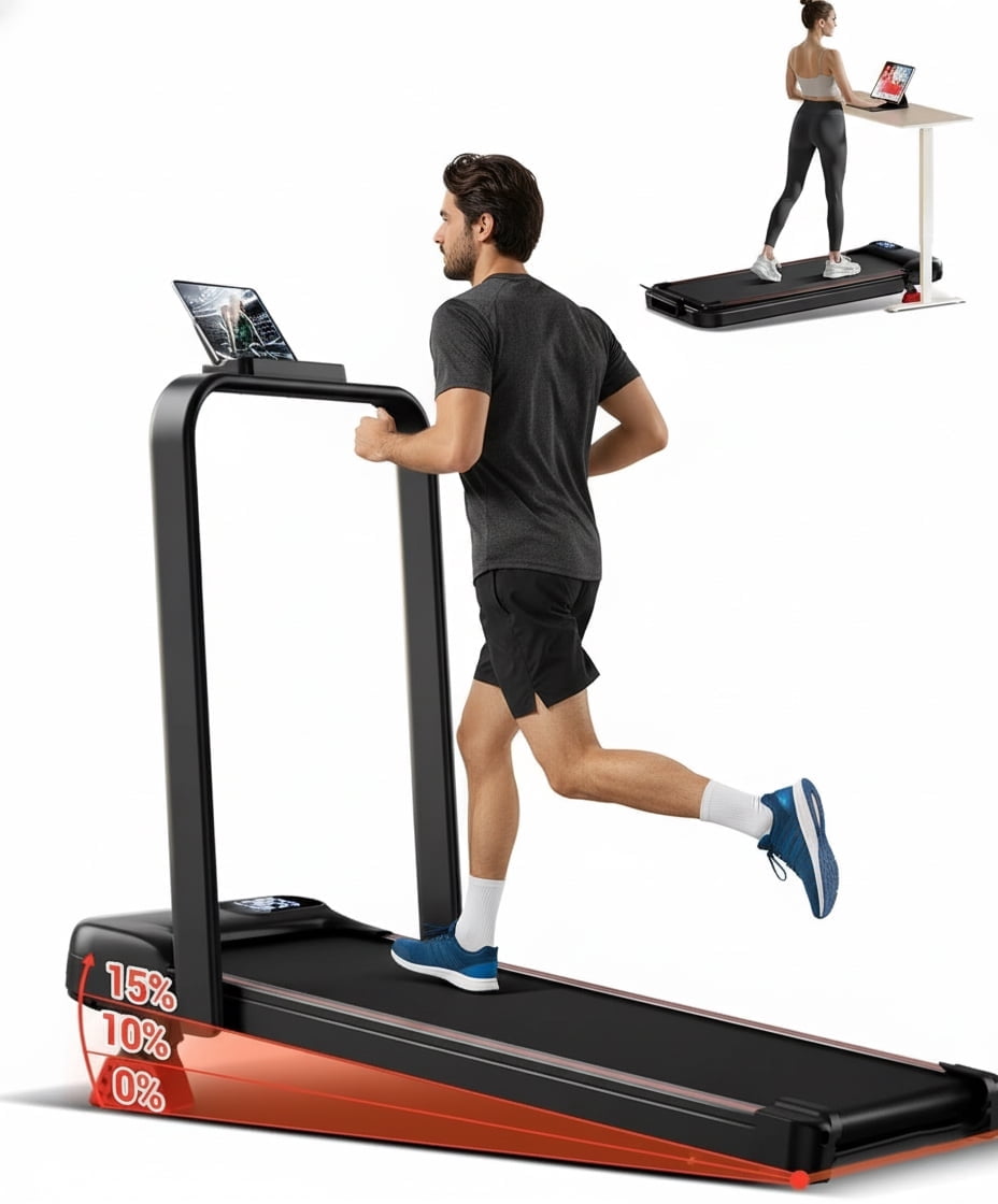 15% Incline Walking Pad Treadmill with Handle Bar - 2.5HP Quiet Folding Treadmill for Home Office Under Desk Portable Walking Pad with 300LBS Capacity