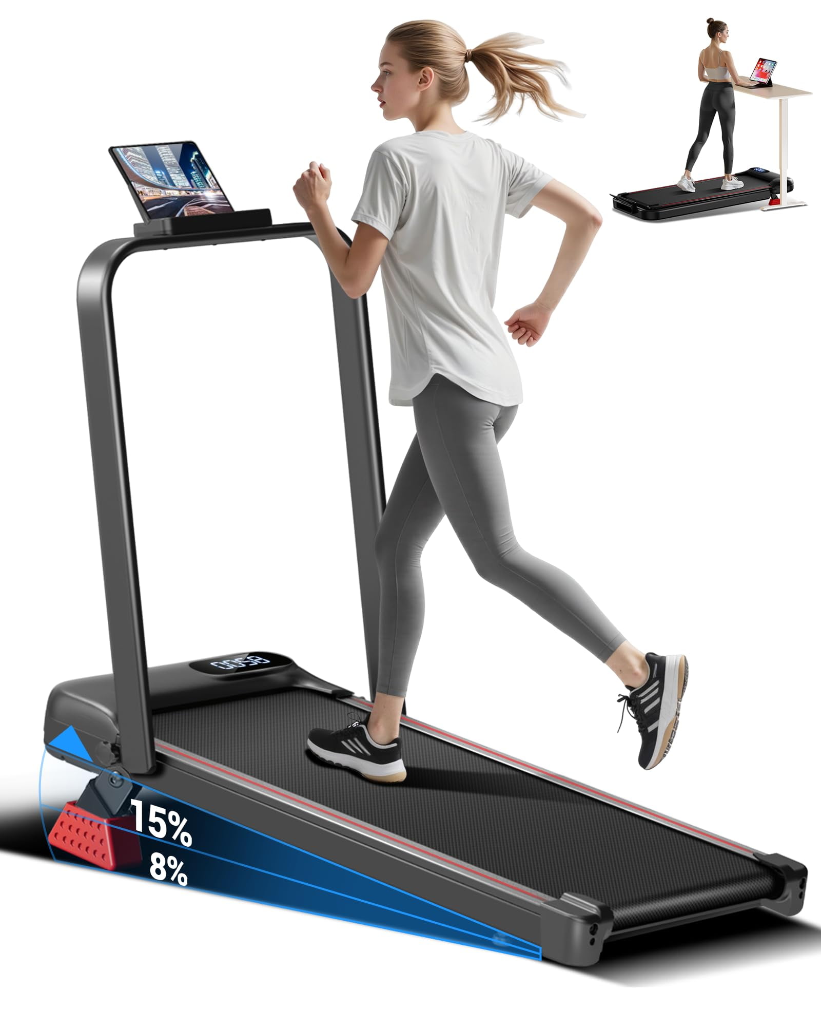 15% Incline Walking Pad Treadmill with Handle Bar - 2.5HP Quiet Folding Treadmill for Home Office Under Desk Portable Walking Pad with 300LBS Capacity