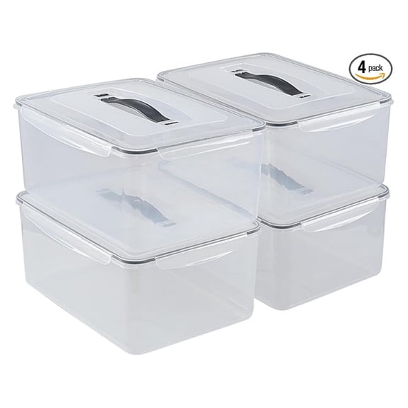 15 L Rectangular Plastic Clear Airtight Food Storage Containers with Lid, 4 Pack Rectangle Food Storage Container with Portable Handle