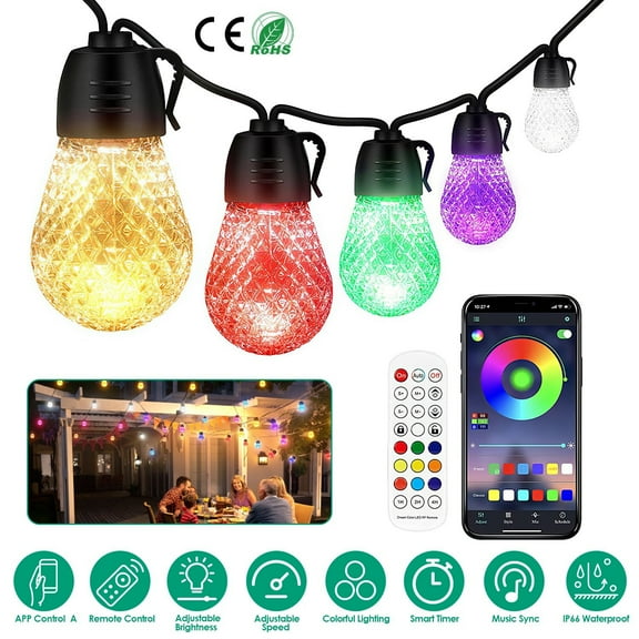 15 LED 52FT Smart Outdoor Patio String Lights RGB Waterproof App/Remote Control
