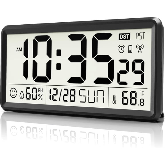 15'' Large Digital Wall Clock Battery Operated, Atomic Clock with Indoor Temperature and Humidity, Self-Setting with Auto DST, for Kitchen, Classroom, Living Room (Batteries Not Included)