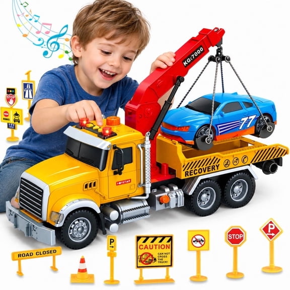 15" Large Tow Truck Toy for 3-6 Years Old Boys, Truck Vehicle with Racing Car, Traffic Signs, Working Hook, Light Sound, Birthday Christmas Gift(Yellow)
