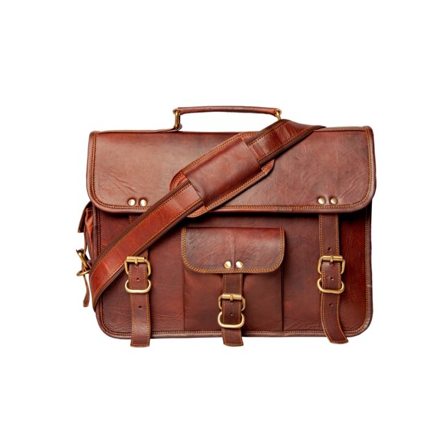 15'' Leather Messenger Brown Real Laptop Satchel Bag Genuine Briefcase