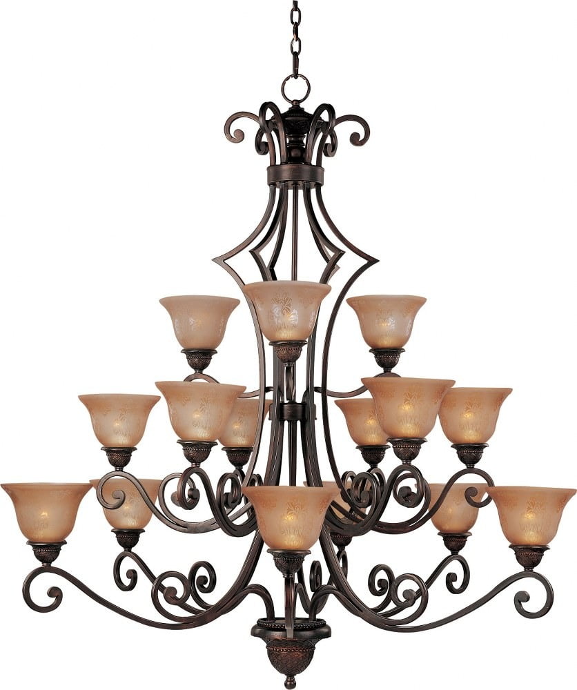 Oil Rubbed Bronze 15-Light 3-Tier Chandelier with Amber Glass Shades