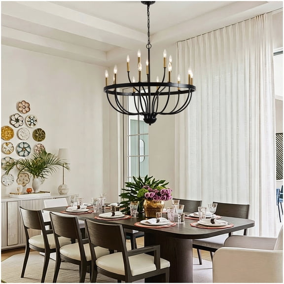 15-Light Candle Style Chandelier Gold and Black Metal Suspended Light Fixture for Indoor Spaces Bulbs Not Included