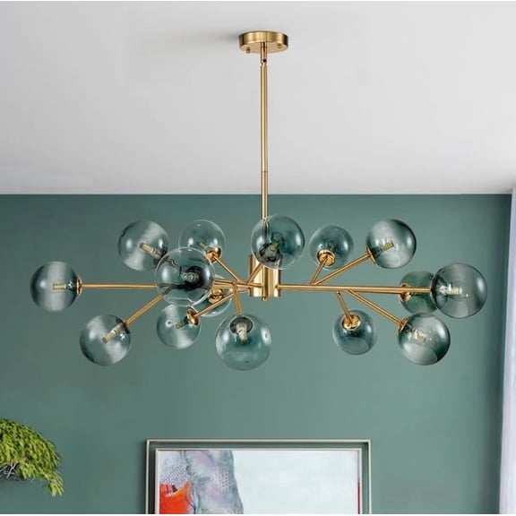 15-Light Sputnik Chandelier, Mid-Century Modern Blue Chandelier with Glass Globes, Dining Room Light Fixture & Sputnik Ceiling Light Fixture for Dining Room