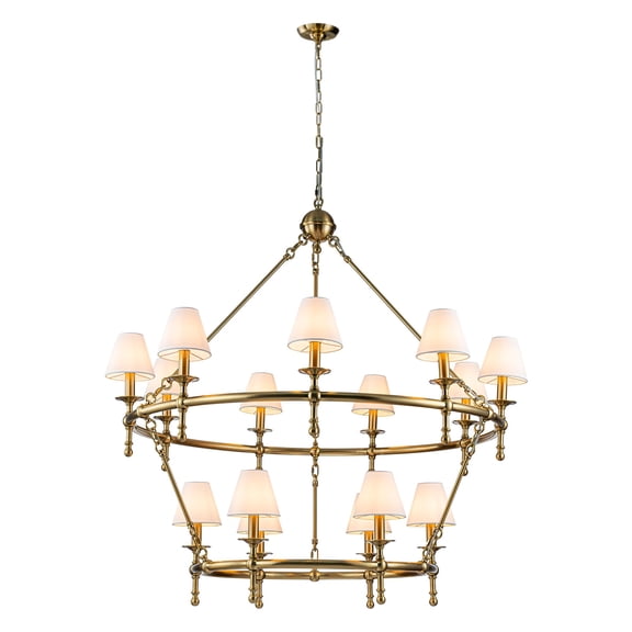 15-Lights W47" Warm Brass and White Pleated Fabric Two-Tier Large Chandeliers for Dining Room Mid Century Modern Large Round Chandeliers for Classic Living Room
