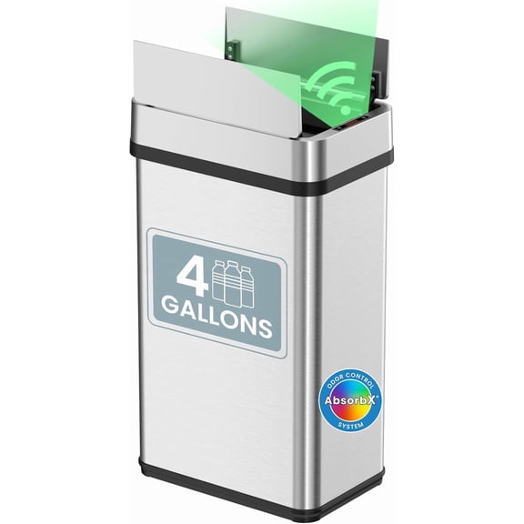 15 Liter / 4 Gallon Stainless Steel Sensor 2.0 Technology Wings Open Lid Bathroom Trash Can, Touchless Automatic Operation, Compact Design for Home, Office, Restroom, Kitchen, Bedroom