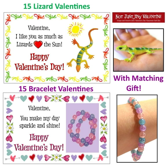 15 Lizards & 15 PPB Bracelet Classroom Valentines with Toy (Instead of Candy) - Unique & Creative Kid's School Valentine Day Cards for Boys, Girls, and Tweens.