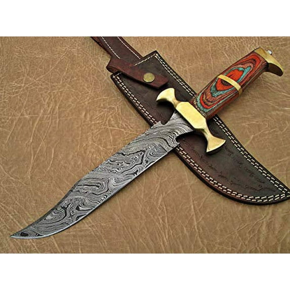 15" Long Hunting Bowie Knife, Hand Forged Damascus Steel, Red Dollar Wood with Brass Pommel & Finger Guard, Cow Leather Sheath (Multi Color)