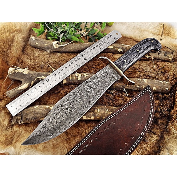 15" Long hand forged Damascus steel Hunting Bowie Knife, 2 tone Black Dollar wood with Brass finger guard, Cow Hide Leather sheath with belt loop