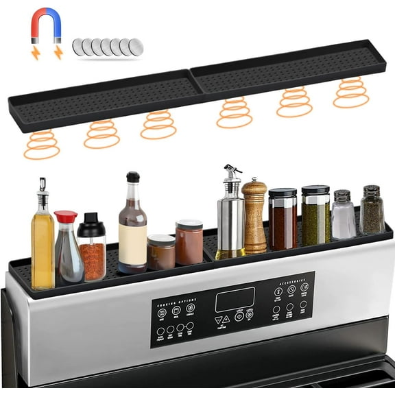 15" Magnetic Stove Top Shelf Spice Rack Storage, Silicone Top Heat Material Stove Rack Shelf Flexible Seasoning Organizer Kitchen Shelves Gadgets with 2 Functional Prtitions for Kitchen