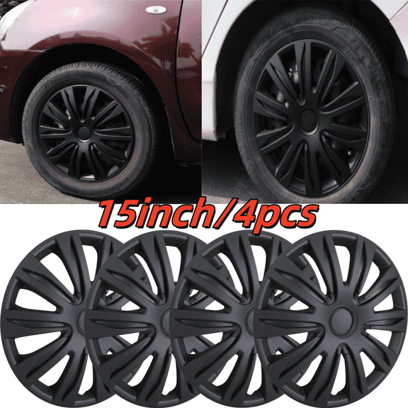 15" Matte Black Hubcaps/Wheel Covers for Most Cars,Set of 4 Snap on Car Truck SUV Hub Cap,ABS Material
