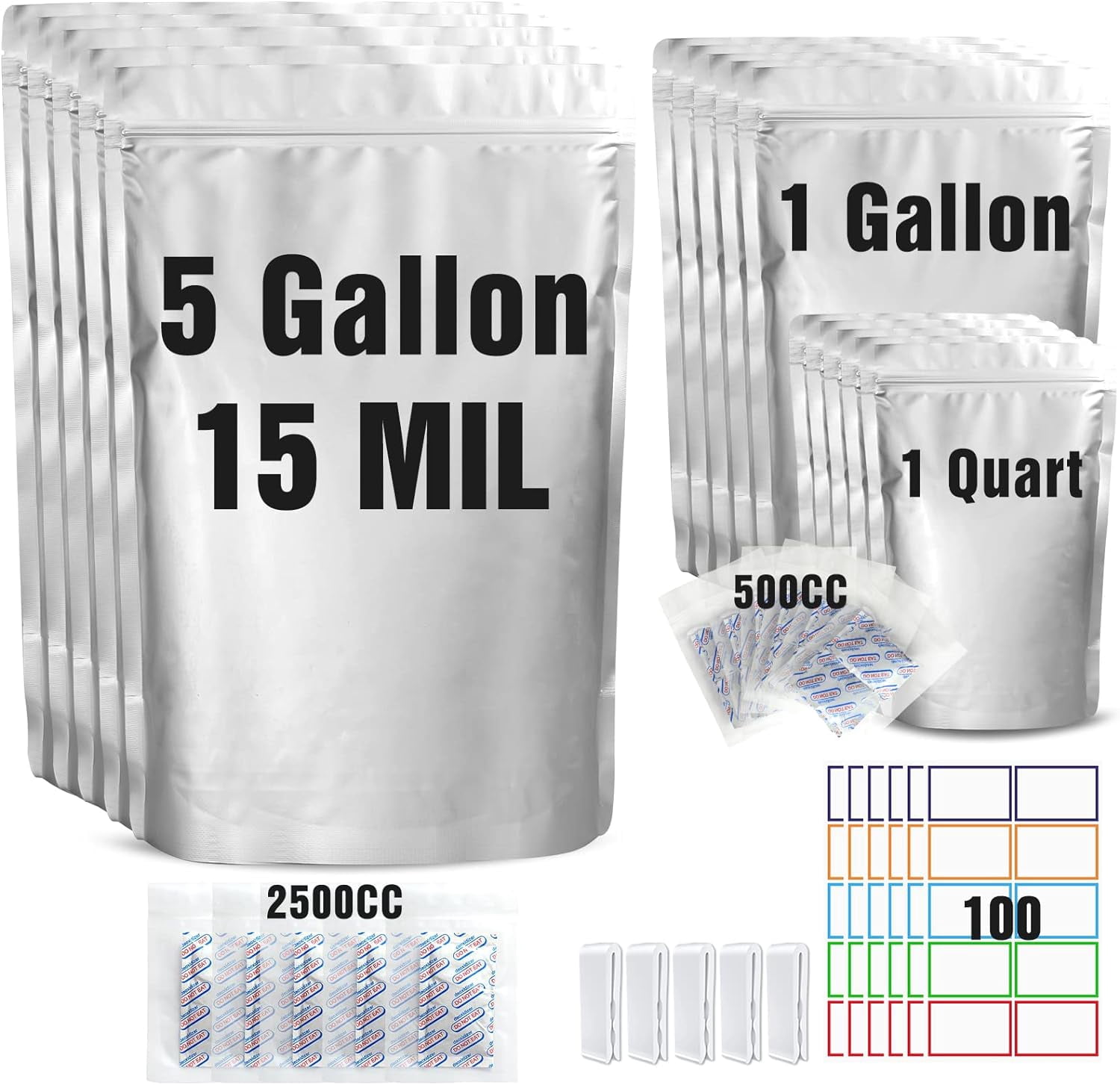 15 Mil 5 Gallon Mylar Bags for Food Storage with 2500cc Oxygen Absorbers - 55 Pack Mylar