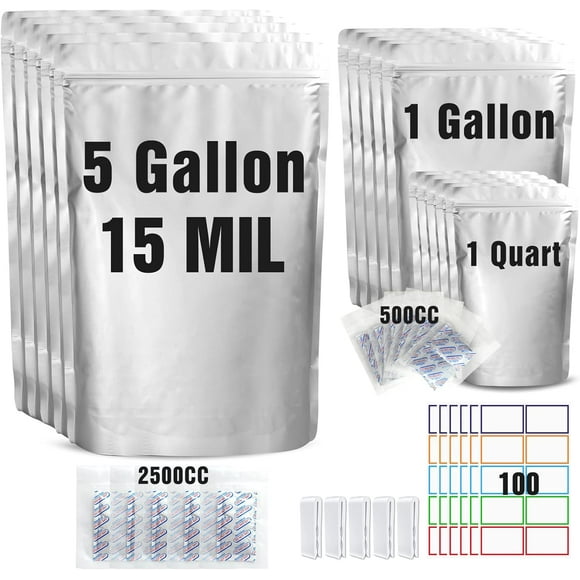 15 Mil 5 Gallon Mylar Bags for Food Storage - 55 Pack Mylar Bags 5 Gallon,1 Gallon,1 Quart 3 Size, 100 Pcs Labels for Long Term Food Storage