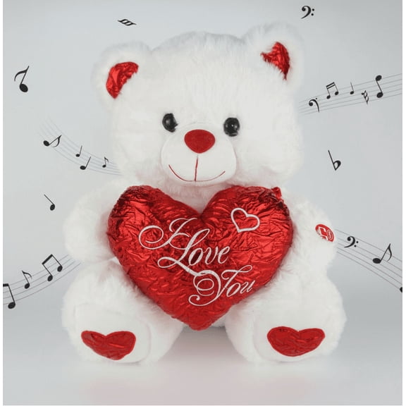 15" Musical Valentine Bear White with I Love You Heart and Light up cheek(1 piece)