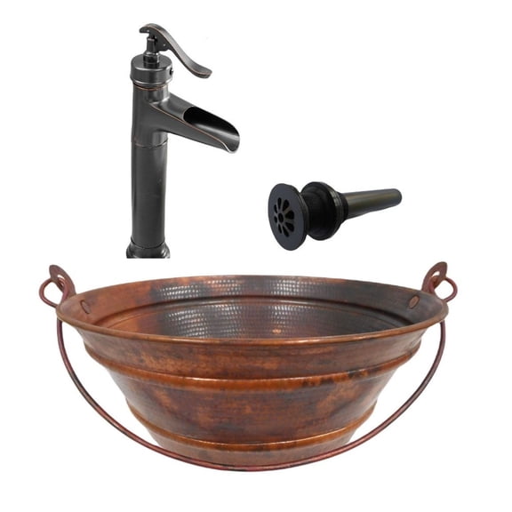 15" Natural Copper Vessel Bucket Bath Sink, 13" Faucet & Daisy Drain Included