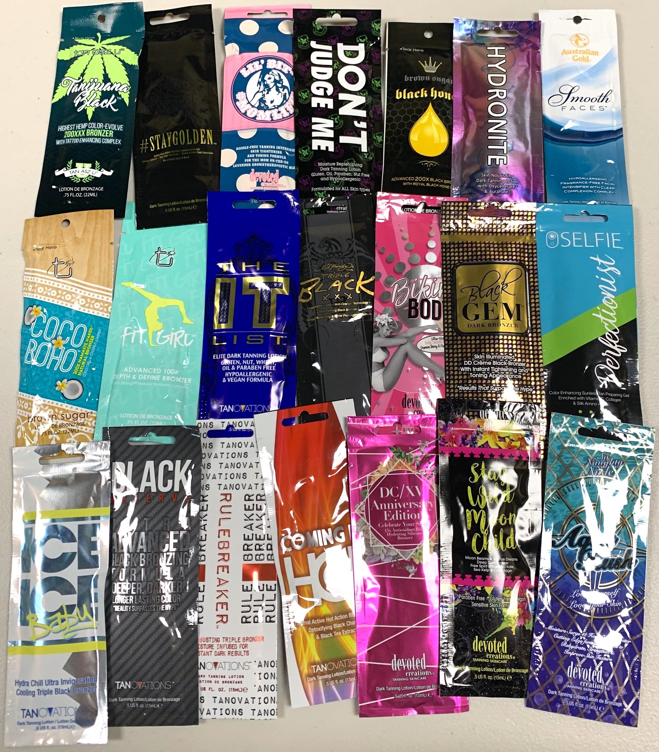 15 New Assorted Tanning Lotion Samples Packets 0.5 oz each Tanovation  Devoted Creation Ed Hardy 