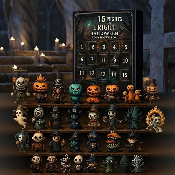 15 Nights of Fright Halloween Countdown Box - 2025 Advent Calendar with 15 Spooky Figurines, Horror Collectible Dolls, Hanging Charms & Mini Decor for Party & Home Scary Display