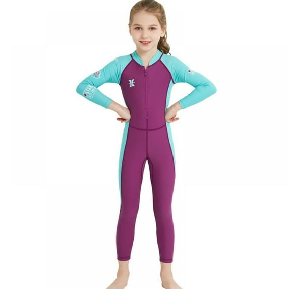 UP TO 15% OFF! Full Body Wetsuit Kids Thermal Swimsuit for Girls Boys Surf Suit Neoprene 2.5MM, Teens Youth Wetsuits Long Sleeve Child Diving Suits, Purple, M