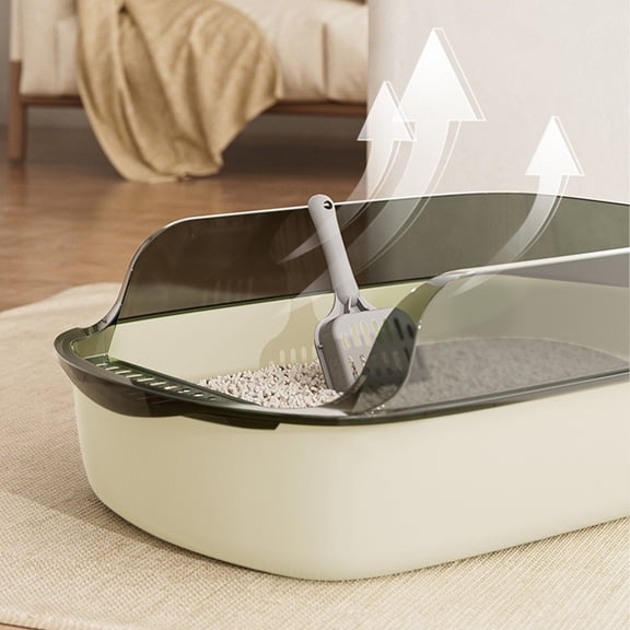 15" Open Top Cat Litter Box with High Fence, 12L Large Capacity Semi-Closed Litter Pan, Splash-Proof Deepened Pet Sandbox with Scoop, Easy to Clean Detachable Design, 1PK